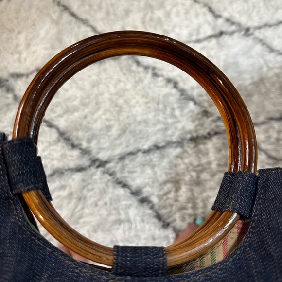 Vintage Blue Jean Denim Purse/Handbag, Wood Ring Handles - Picture 4 of 9